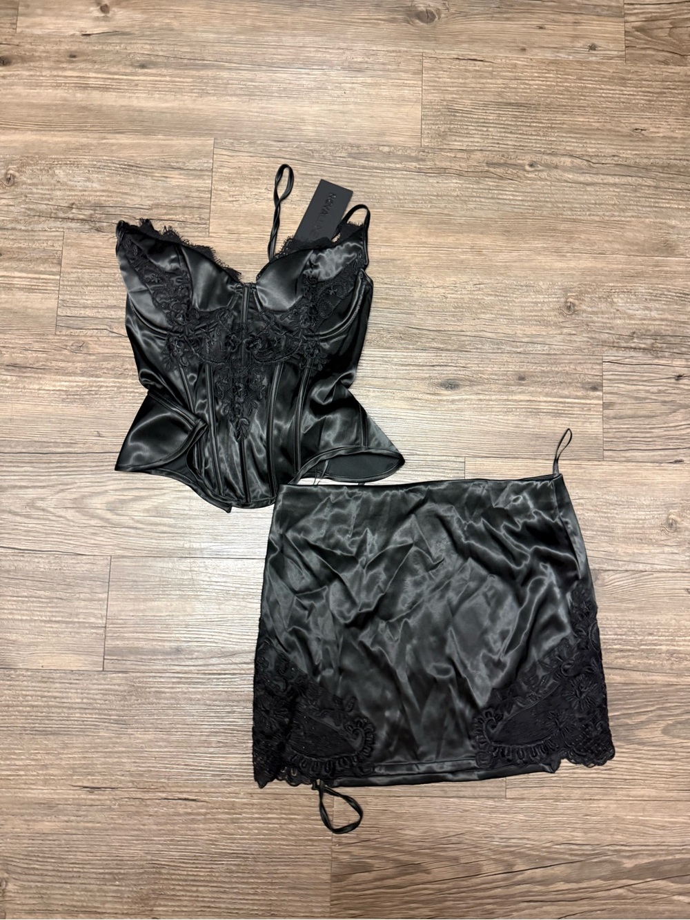 Nova LUXE Black Satin Lace Bustier Top & Slip Skirt Set